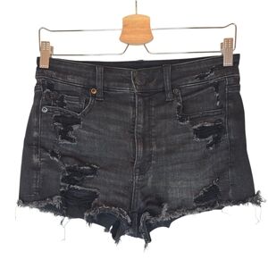 AMERICAN EAGLE Black Distressed Jean Shorts Thrashed Cut Out‎ Denim Sz 6 Punk
